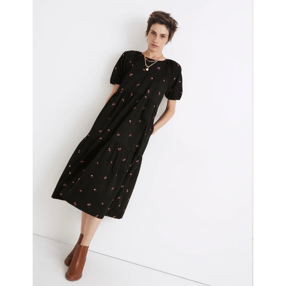 Madewell Short-Sleeve Cattail Midi Tiered Dress Floral Embroidered Black XXS
